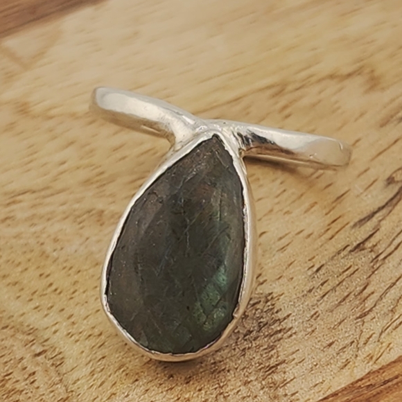 LABRADORITE TEAR DROP STONE ROSE-CUT HANDMADE STERLING SILVER RING SIZE 9 - Picture 14 of 16